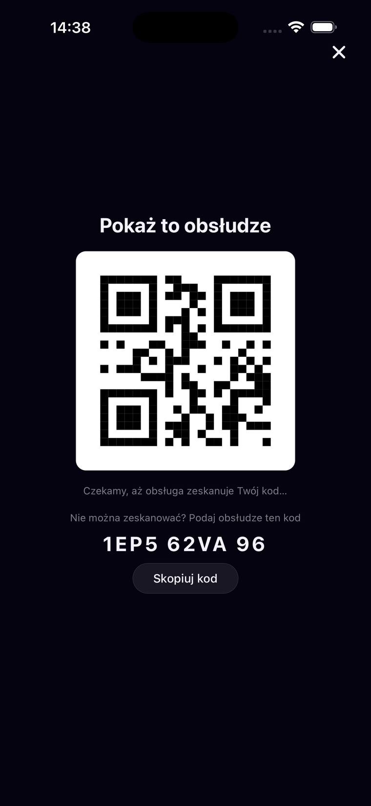 Ekran z kodem QR, który klient pokazuje obsłudze kawiarni, aby otrzymać pieczątkę